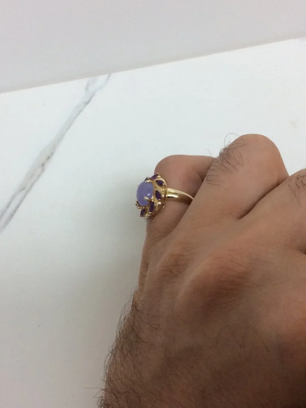 Vintage Cabochon Lavender Jade and Amethyst 14k Yellow REAL Gold Ring 3.6gr